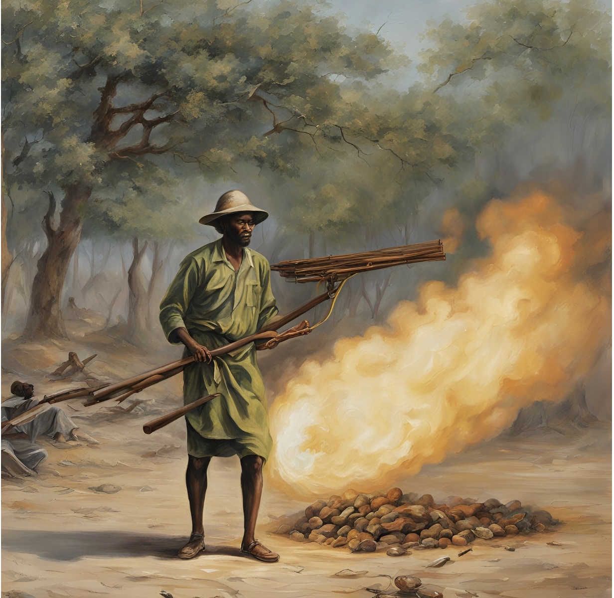 An image of an egbon, the breeze shooter with a traditional tool.