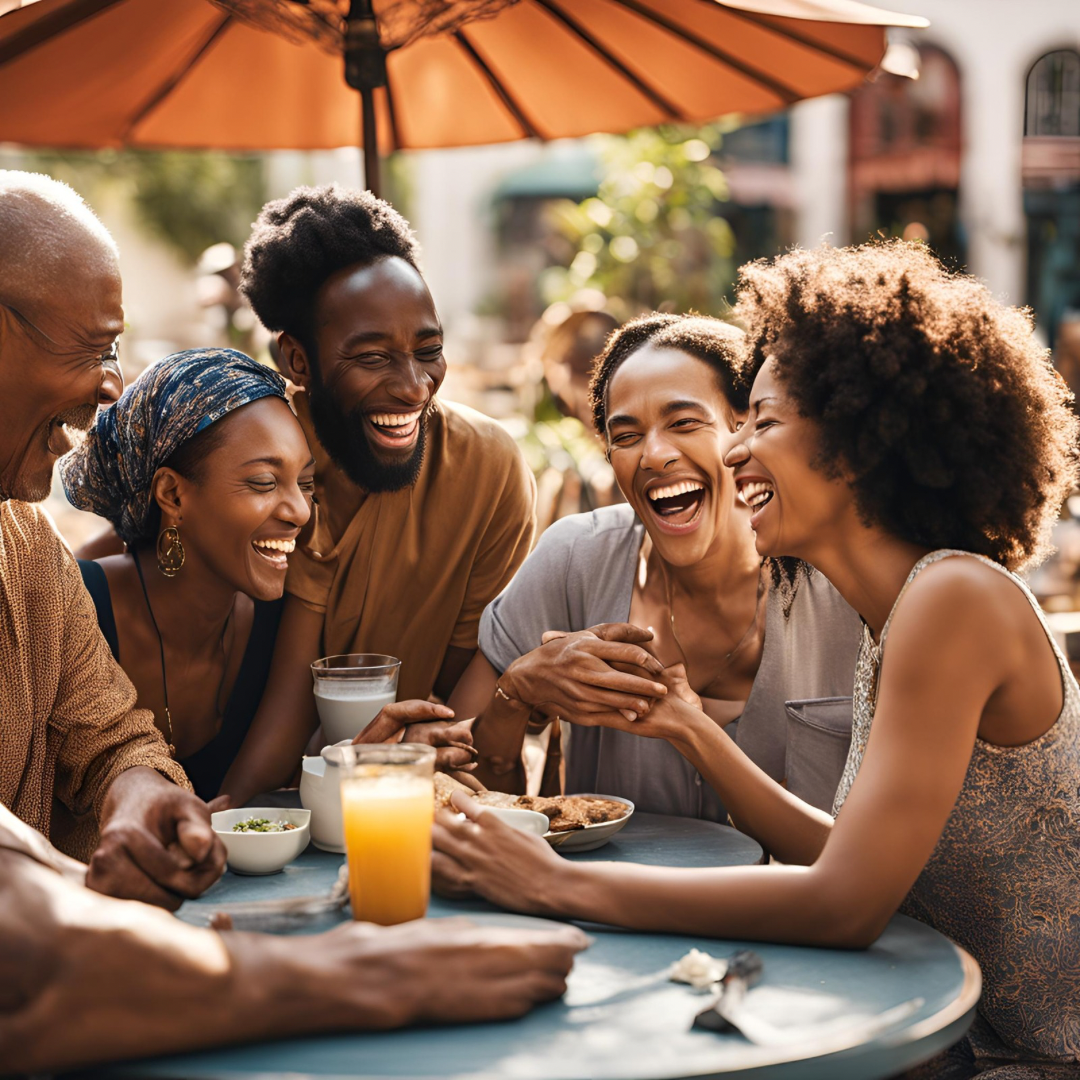 generate an alt text for an image of people of diverse cultures laughing together. It is to be used with an article entitled: Laugh at me, if you like.