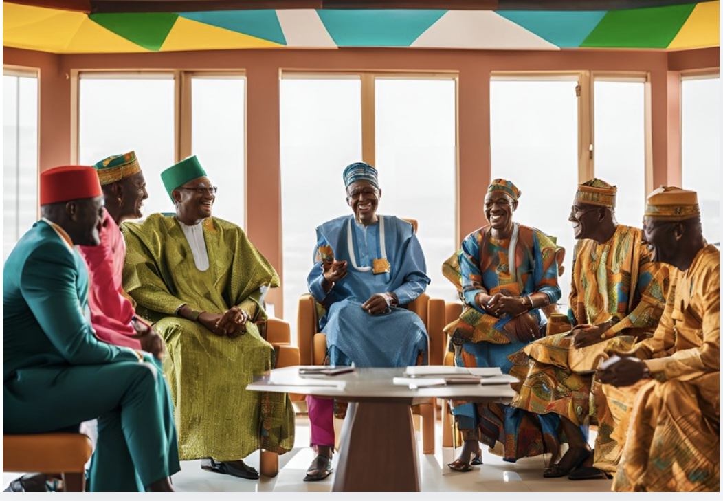 A generated image of a group of older Nigerian politicians, symbolizing some who keep "bouncing" tirelessly back into politics, even when they have no idea how to make things better. This image represents the theme of of the article: Bounding Baby-Men.