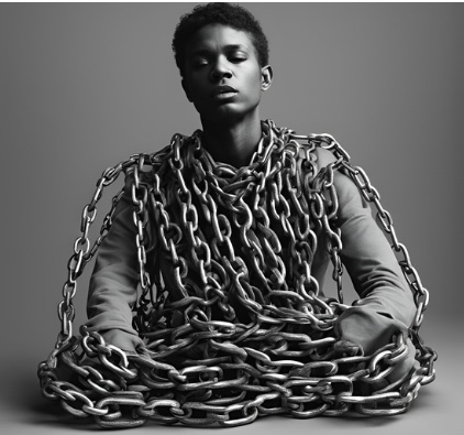 An illustration depicting a person wrapped in chains wrapped, symbolizing the burdens of poverty, corruption, family demands and more. Even if the person screams "I'm in chains", the image reflects a mix of resilience and weariness, capturing the essence of being trapped yet determined to break free.