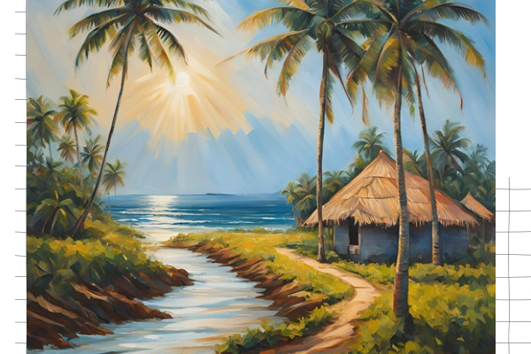 A breathtaking view of a serene landscape showcasing tall palm trees. A glistening river winds through the scene, reflecting the vibrant hues of a stunning sunrise. The sky is painted in shades of orange and gold, symbolizing hope and new beginnings. This image would perfectly complement the article titled "Who Named Akwa Ibom Land of Promise?" by illustrating the beauty and promise of the region.