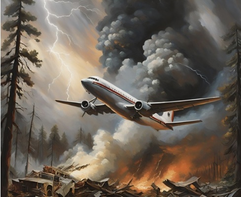 An illustration depicting a plane crash scene, showcasing a large aircraft, trailing smoke as it descends towards a densely wooded area. The sky is overcast, adding a somber atmosphere to the chaotic scene. This image represents the experiece and mood of "so-so crash" in Nigeria.