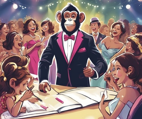 An image of a monkey in a sharp suit and tie at a beauty pageant. The monkey appears focused and serious as it assesses the contestants. The scene is colorful but can the animal be trusted because of its mischievous character? This image goes to illustrate an article entitled: 'Beauty pageant is money business.'