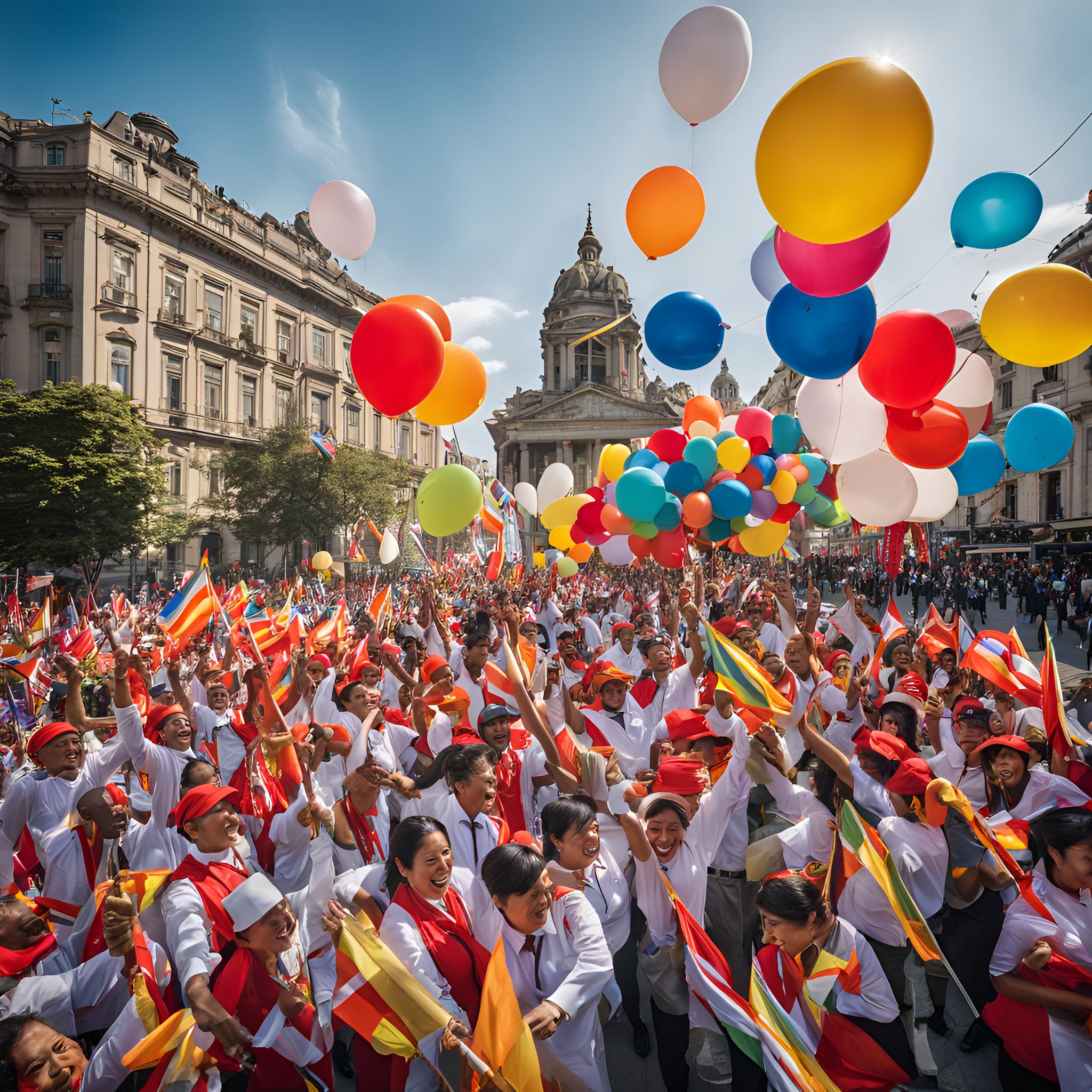 A colorful digital illustration of workers celebrating May Day, featuring a diverse group of individuals from various professions. The scene includes vibrant balloons and festive decorations, creating a lively atmosphere that reflects the spirit of labor and community for the article 'Who is a Worker?'