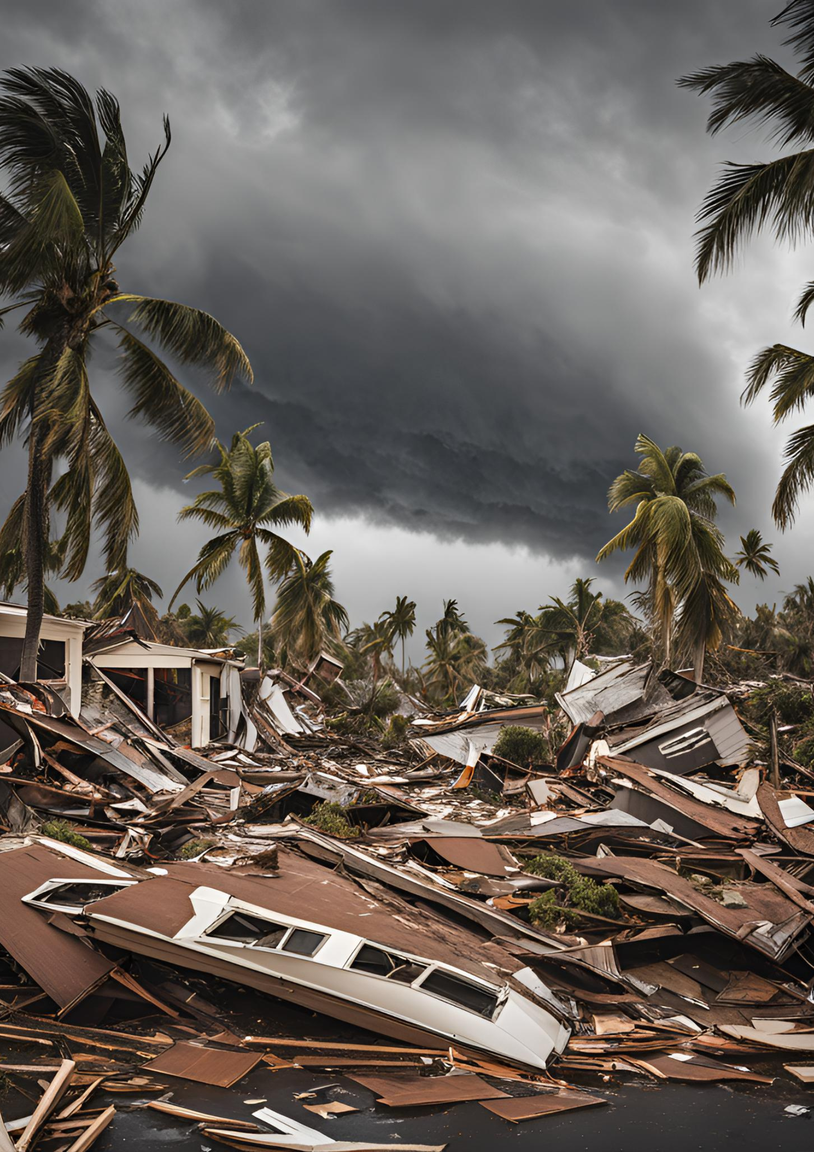 A digital image of a hurricane-ravaged scene showing destroyed homes and wind tormented trees. Debris is scattered across the area, representing the extensive damage caused by Hurricane Helene in the United States.