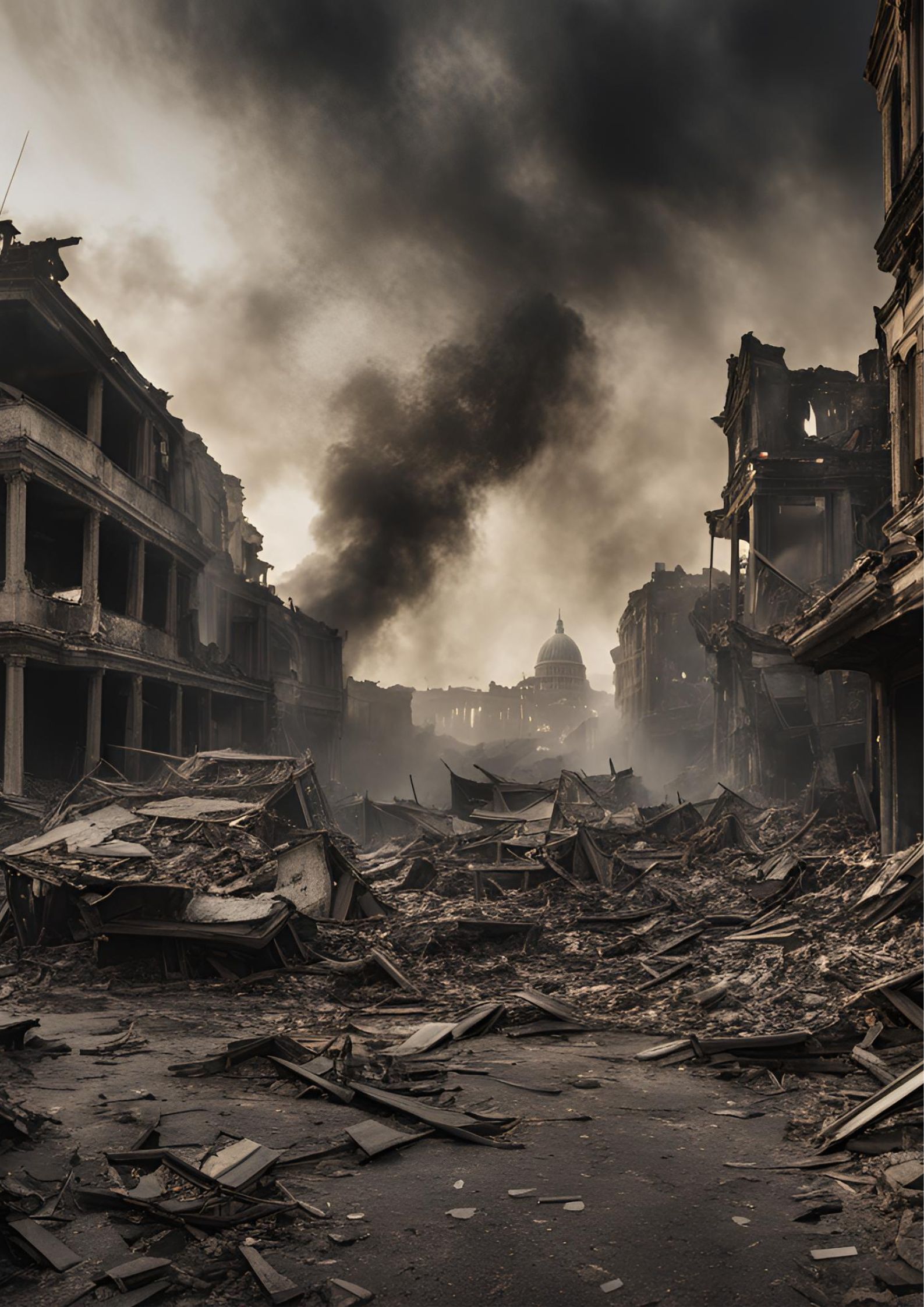 A war-ravaged urban landscape showing destroyed buildings and debris scattered across the streets. Even as Israel vows to retaliate Iran's attack, this picture captures the devastation following missile attacks, symbolizing the ongoing violence and tension in the Middle East region.