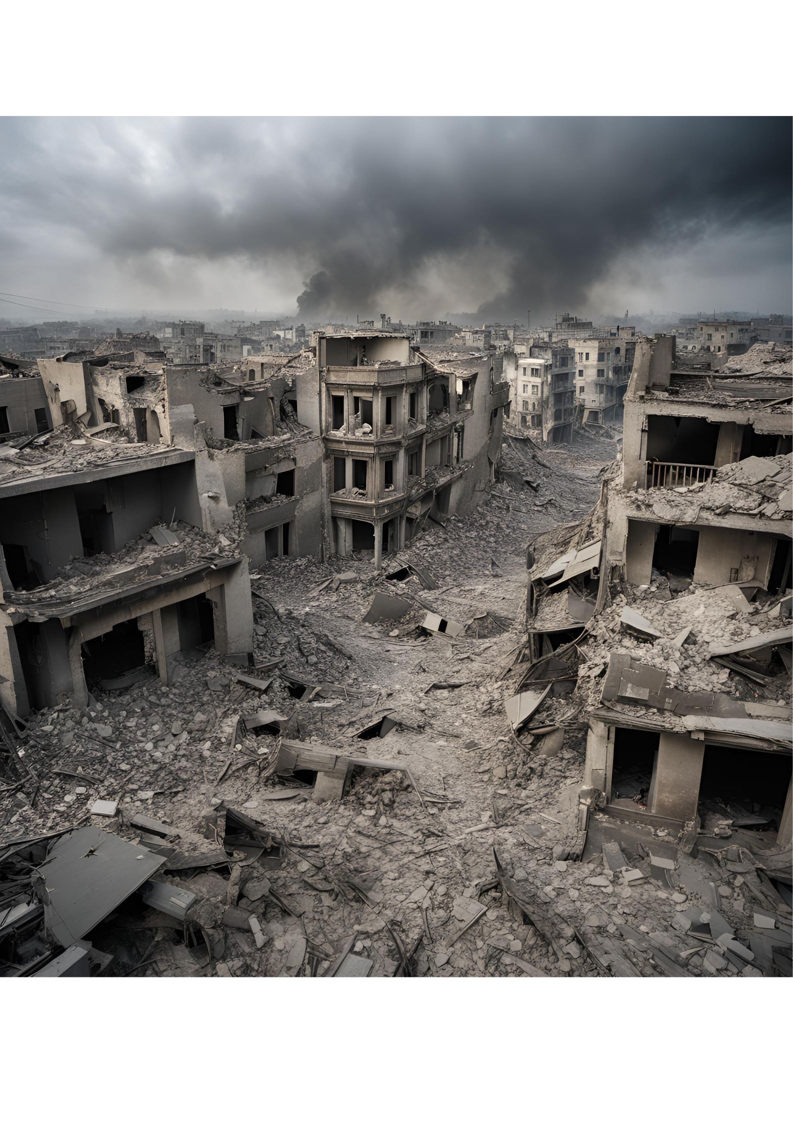 A digitally generated image depicting a war scene filled with destruction and chaos. The devastation reflects the aftermath of missile attacks, illustrating the profound impact of warfare and the loss of life, reminiscent of the recent experience as Iran attacks on Israel. Such sad experience necessitated US calls on Israel to end the Gaza war.