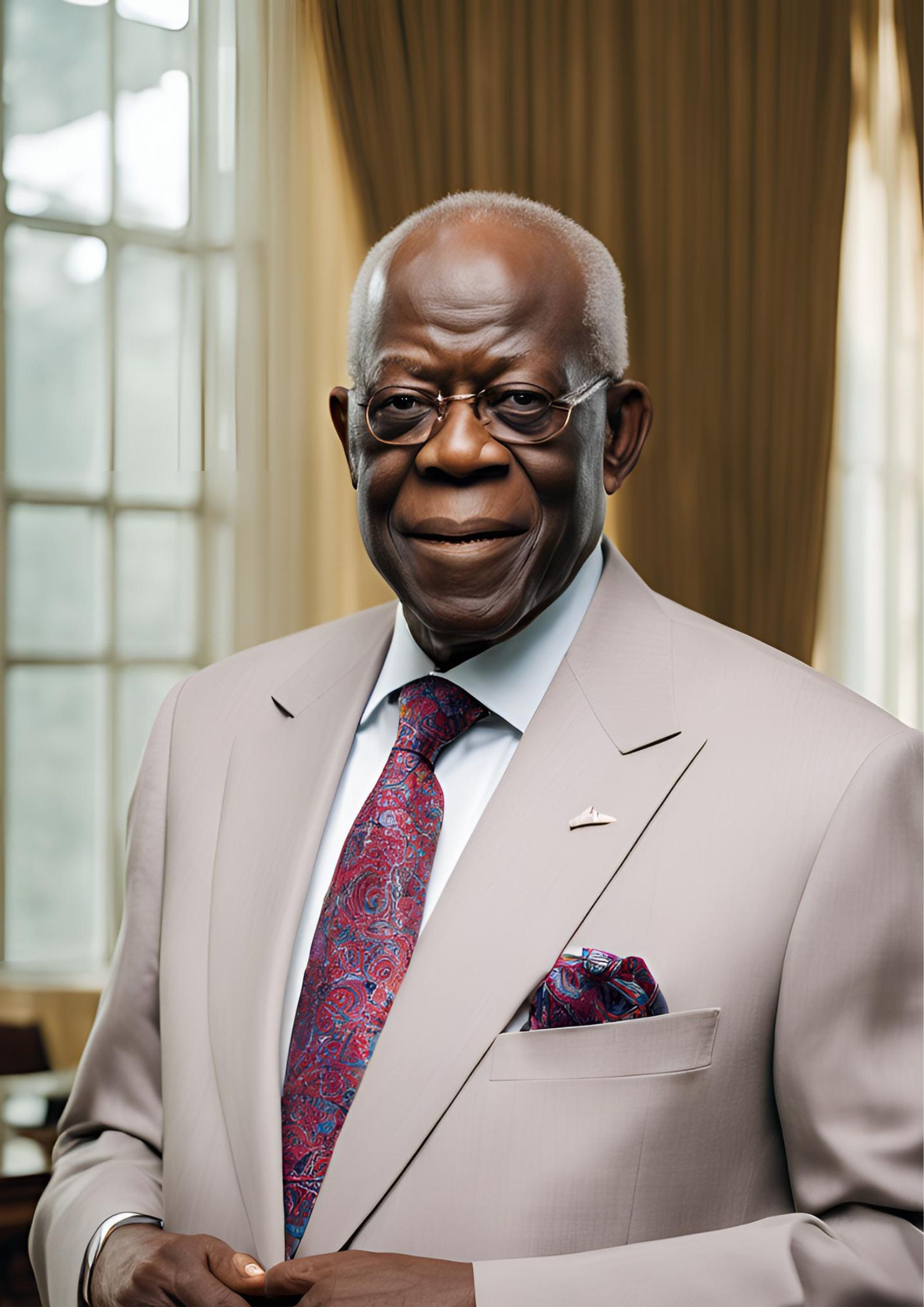 A digitally generated portrait of President Bola Tinubu, depicted in formal attire with a focused expression. The background is neutral, emphasizing his presence as Tinubu scraps some ministries under his government.