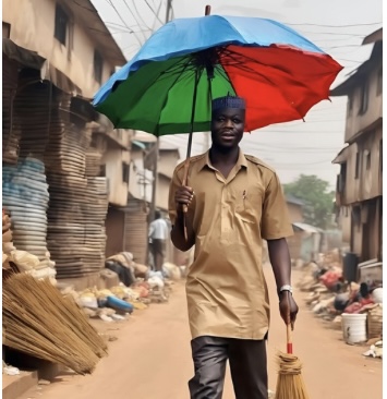 An image of a man with an umbrella and a bunch of broom. This perfectly depicts Nyesom Wike, xzid to be in PDP (the umbrella) but working for APC (the broom).