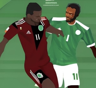 An illustration, depicting the Nigeria vs. Libya encounter in the Africa qualifiers. This demonstrates the current conflict which led to the Super Eagles being stranded at the Libyan airport.