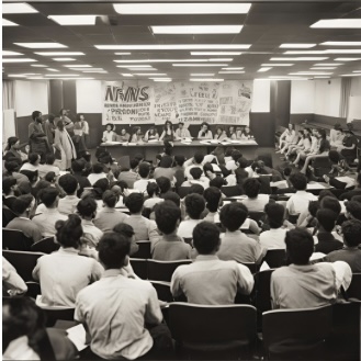 A computer-generated image of some students at a meeting, representing a scene where NANS threatens to shut UNILAG over fee hike.