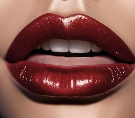 Close-up image depicting luscious cherry cola lips, featuring a vibrant cherry red hue blended with a deep cola undertone. The lips are glossy and well-defined, showcasing a bold and playful makeup look perfect for any occasion.