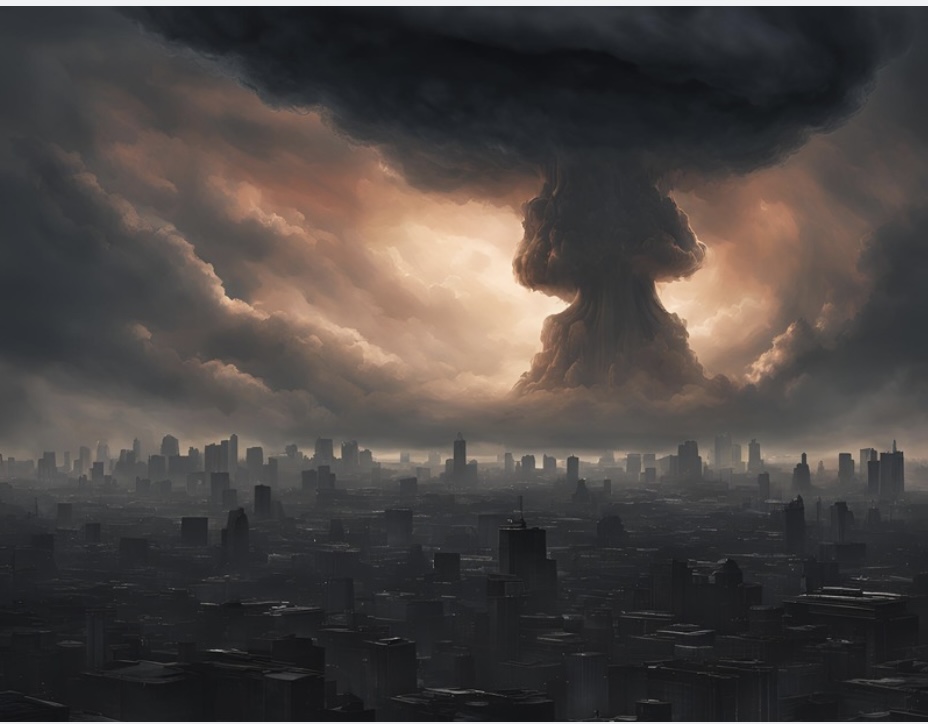 A digital illustration depicting a nuclear threat symbol, featuring a glowing radioactive sign in front of a dark, ominous skyline. This image symbolise the potential devastation and urgency surrounding the threat of World War 3.