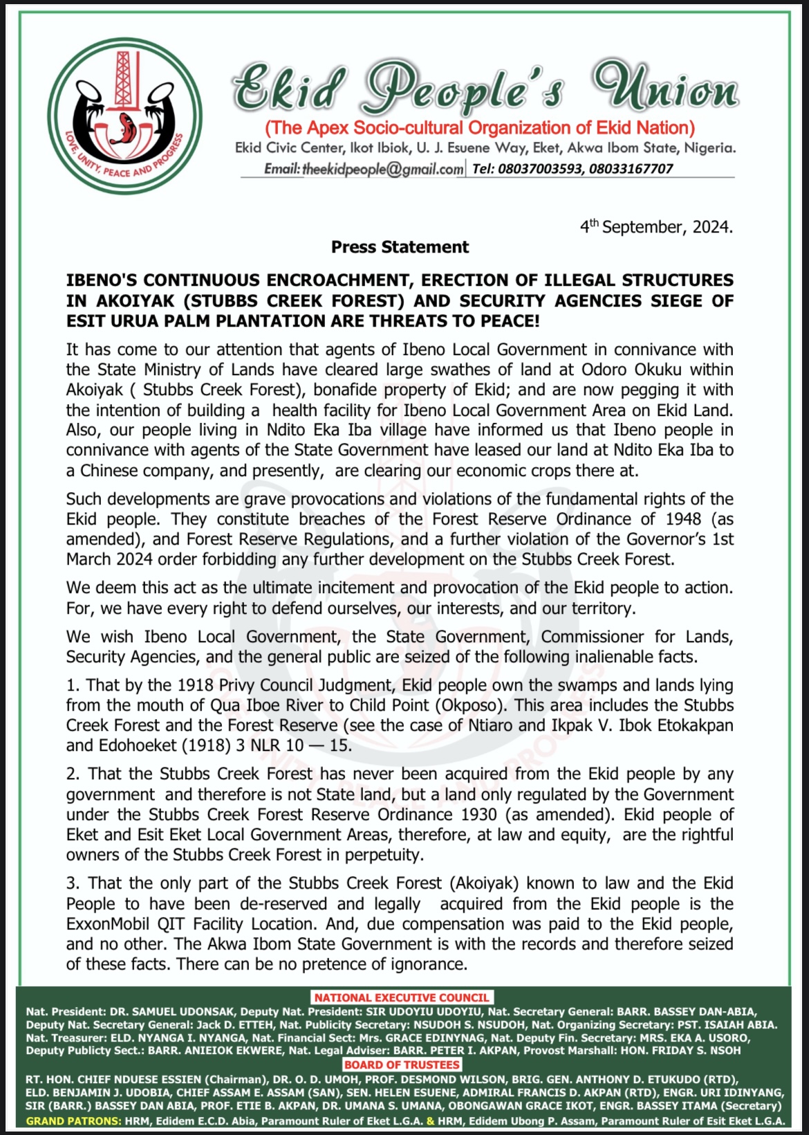 An image of the press statement from the Ekid People's Union (EPU) outlining their warning of a looming crisis over Ekid land. The document is signed by EPU officials and details concerns about illegal encroachments in Akoiyak (Stubbs Creek Forest) and the impact on the rights of the Ekid people.