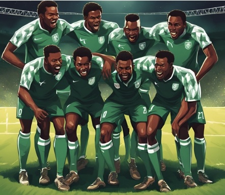 An illustration of the Super Eagles team, depicting their resilience and calmness even in the face of Libya nightmare.