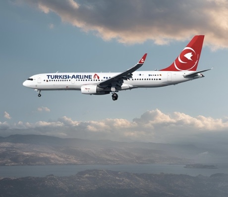 A computer Turkish Airlines plane in flight, illuminated by a dramatic sunset, with a faint overlay of an emergency signal. The image is used with a story entitled "Pilot dies midflight, forcing emergency landing".