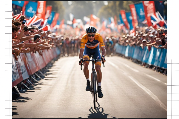 Digital illustration of cyclist Brandon McNulty at the CRO Race 2024, approaching the finish line. The backdrop features a dynamic scene of cheering fans, highlighting his triumph