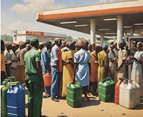 A computer-generated image showing a group of Nigerians with containers, anxiously waiting at a filling station. The scene captures their frustration and suffering following a recent petrol price increase, illustrating the impact of rising costs on daily life. This image relates to Atiku Abubakar's criticism of President Tinubu, whom he labeled "T-Pain" for ignoring the hardships faced by citizens.