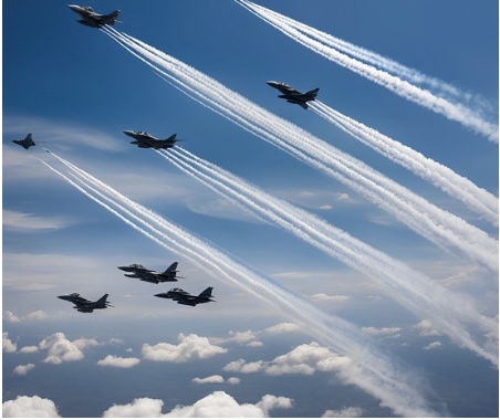 A digitally generated image of fighter planes soaring through the sky, symbolizing military airstrikes. The image is related to a story about the UN condemning Israel for an unlawful airstrike on a refugee camp in the occupied West Bank.