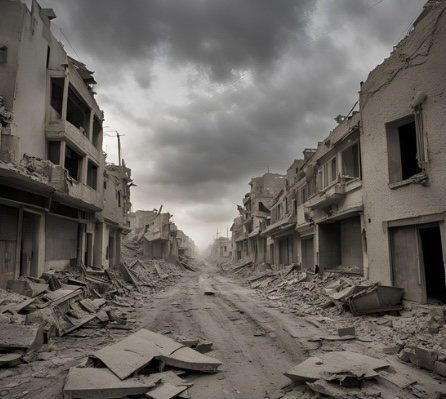 A computer generated scene of desolate urban landscape showing crumbling buildings and debris scattered across the streets, remnants of a recent conflict between Israel and Hezbollah.