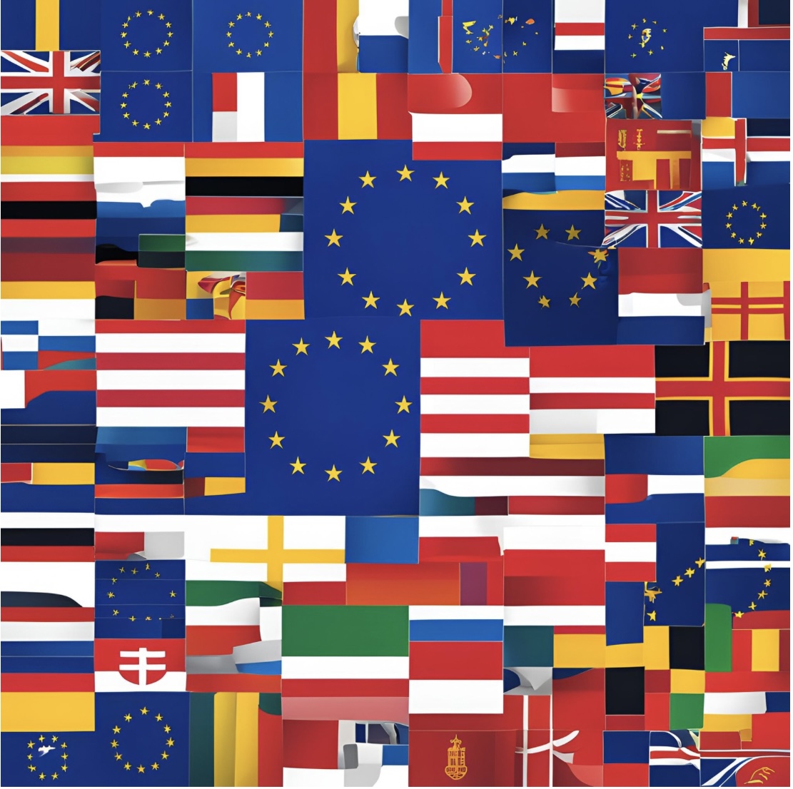 Image of flags representing the European Union and its members as France warns Europe agains over-reliance on American security.