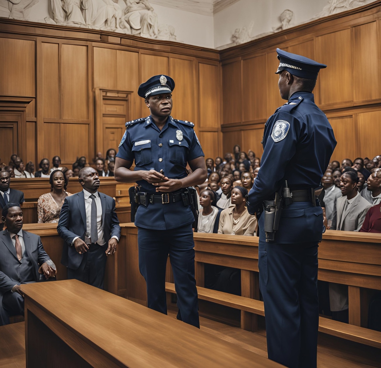 An image of Nigeria Police officers in court, representing the prosecutors as police charge VDM of impersonation.