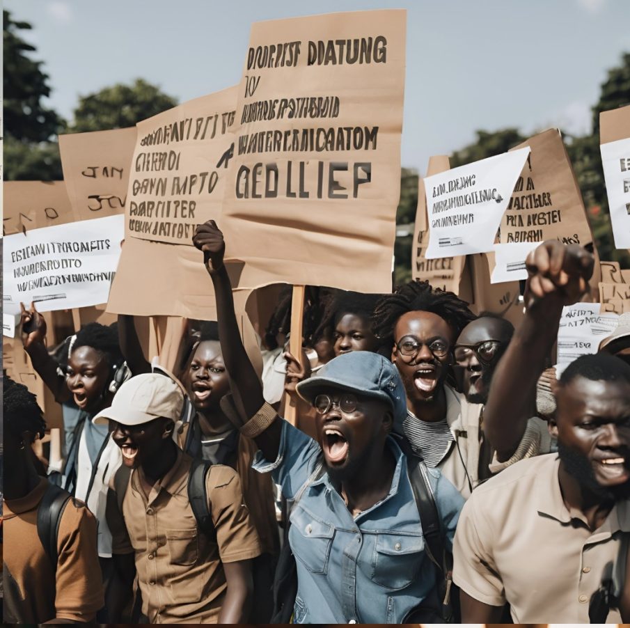 An illustrated image of some activists protesting the perennial fuel crisis in Nigeria.