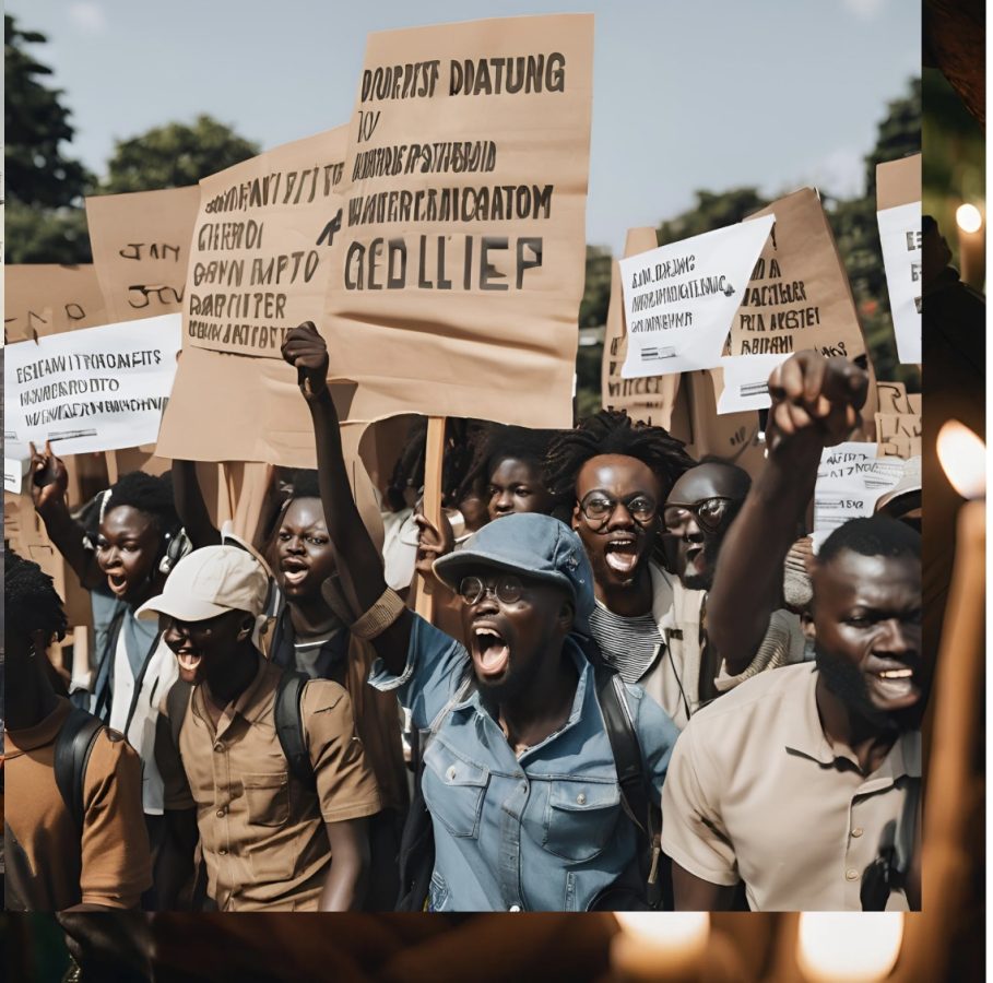 An illustrated image of some activists protesting the perennial fuel crisis in Nigeria. In this circumstance, peace disappears.