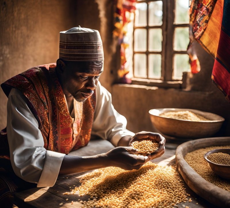 An image of a Nigerian counting grains of rice.It is used to illustrate the article: "Why I counted rice for one week"