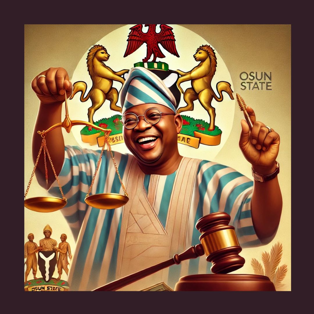 A computer image of Governor Ademola Adeleke, displaying a balance and gavel to show he ha another talent beyond dancing.