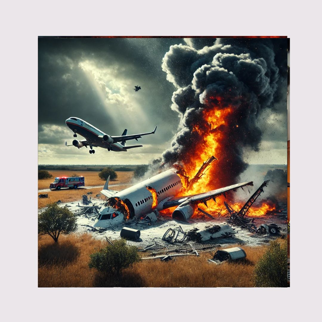 A generated image of a plane crash scene, used to illustrate a story on "Is Boeing an airborne landmine to travellers?"