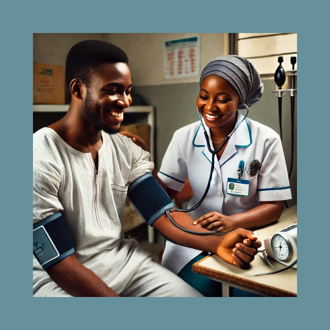 An illustration of a nurse checking a patient for blood pressure.